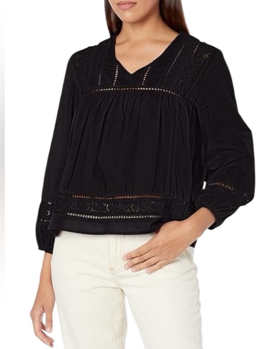 LUCKY BRAND Peasant Blouse Size Medium Black Boho Cotton Embroidered Eyelet Lace